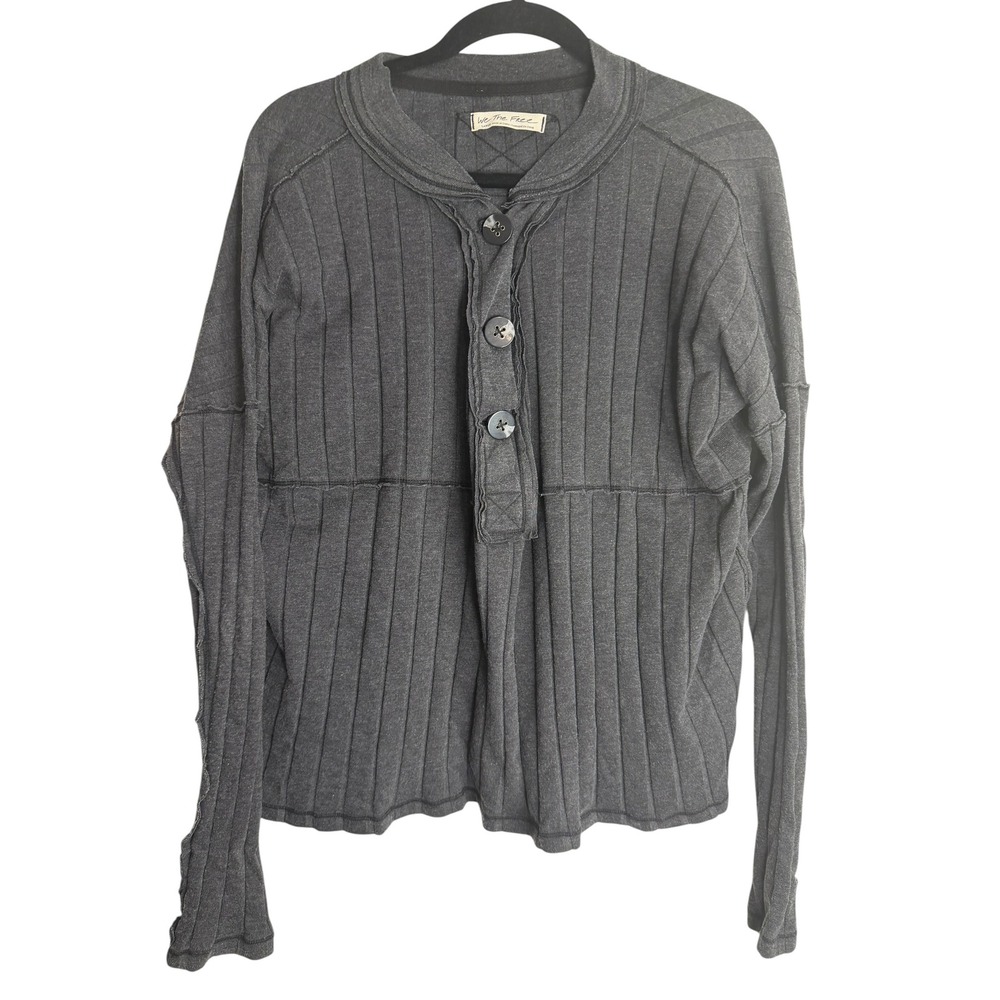 Free People We The Free Gray Ribbed Henley Long Sleeve Top Large High Low Seam